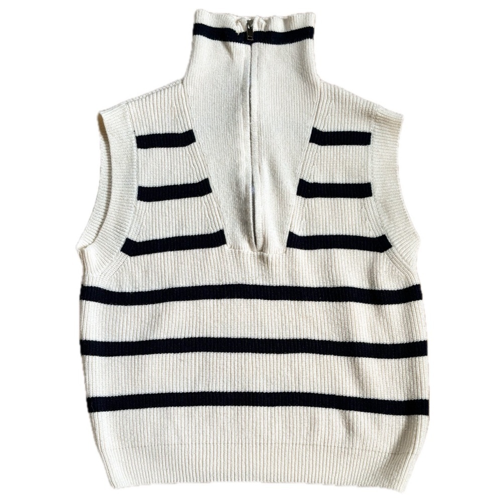 Oliver O Cream Midnight Blue Stripes Ribbed Sleeveless Sweater Vest Size Large